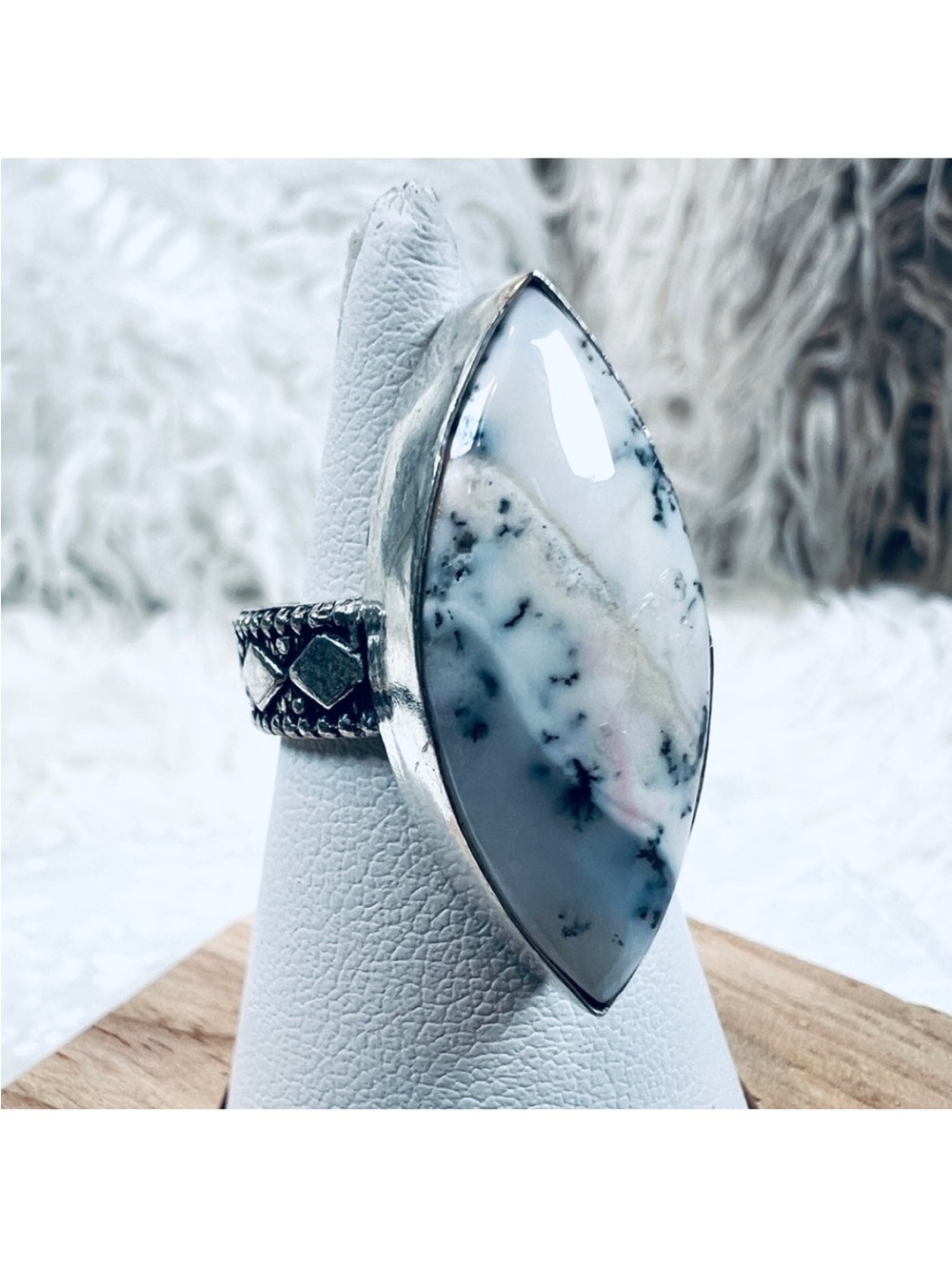 Marquise Dendritic Opal Statement Ring in White and Gray - Sterling Tone